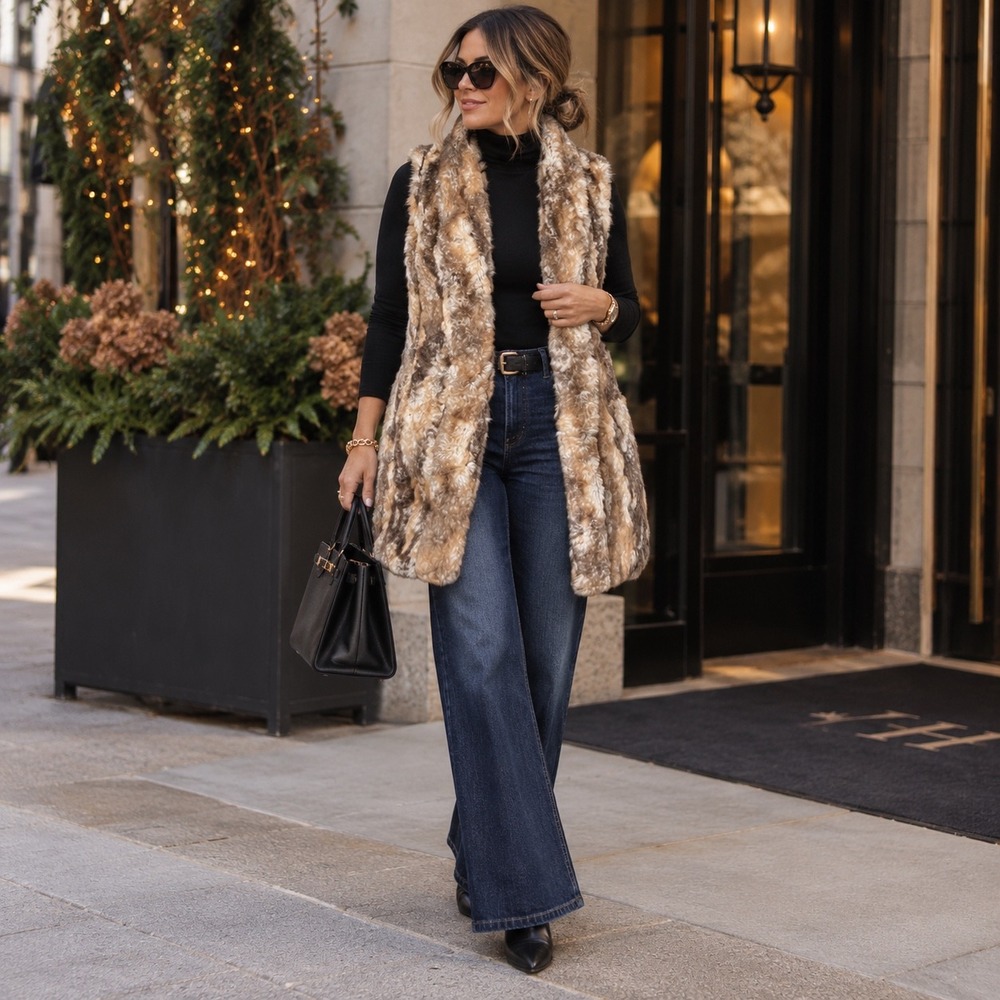 Alice + Olivia Faux Fur Vest Womens XS Brown Multi Shawl Collar Longline Open